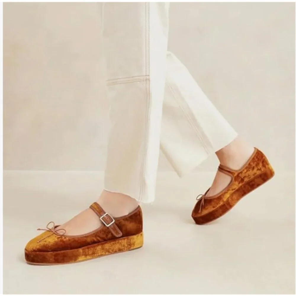 Brown Women Classic Platform Closed Round Toe Mary Jane Bows Pumps